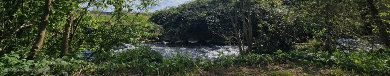 Fluss Kahl am Bogenplatz der Bogenfreunde Kahlgrund mit Wehr und rauschendem Wasser – Naturaufnahme in Unterfranken.